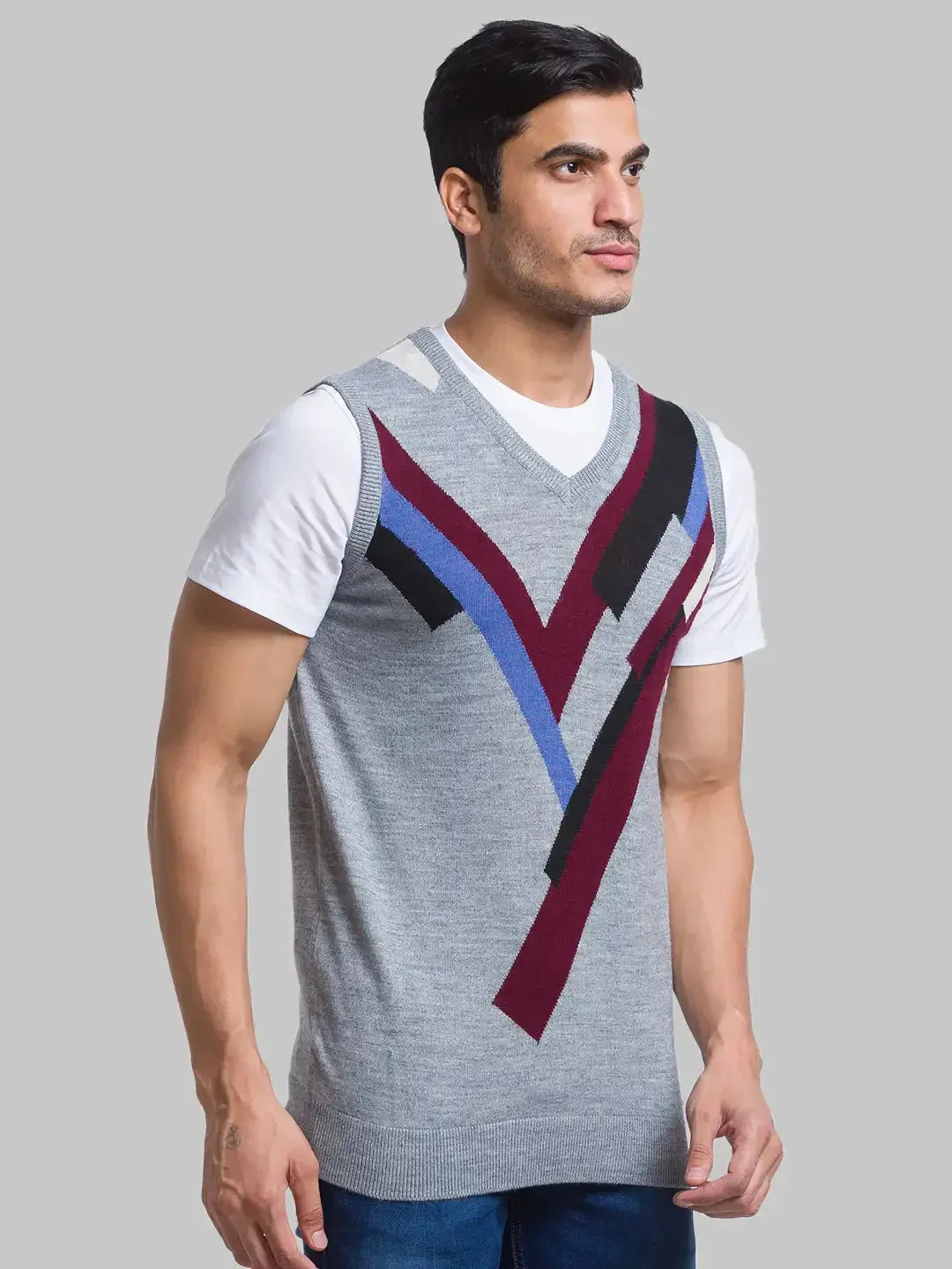 Men Grey Intarsia Acrylic Blend Sleeveless Sweaters