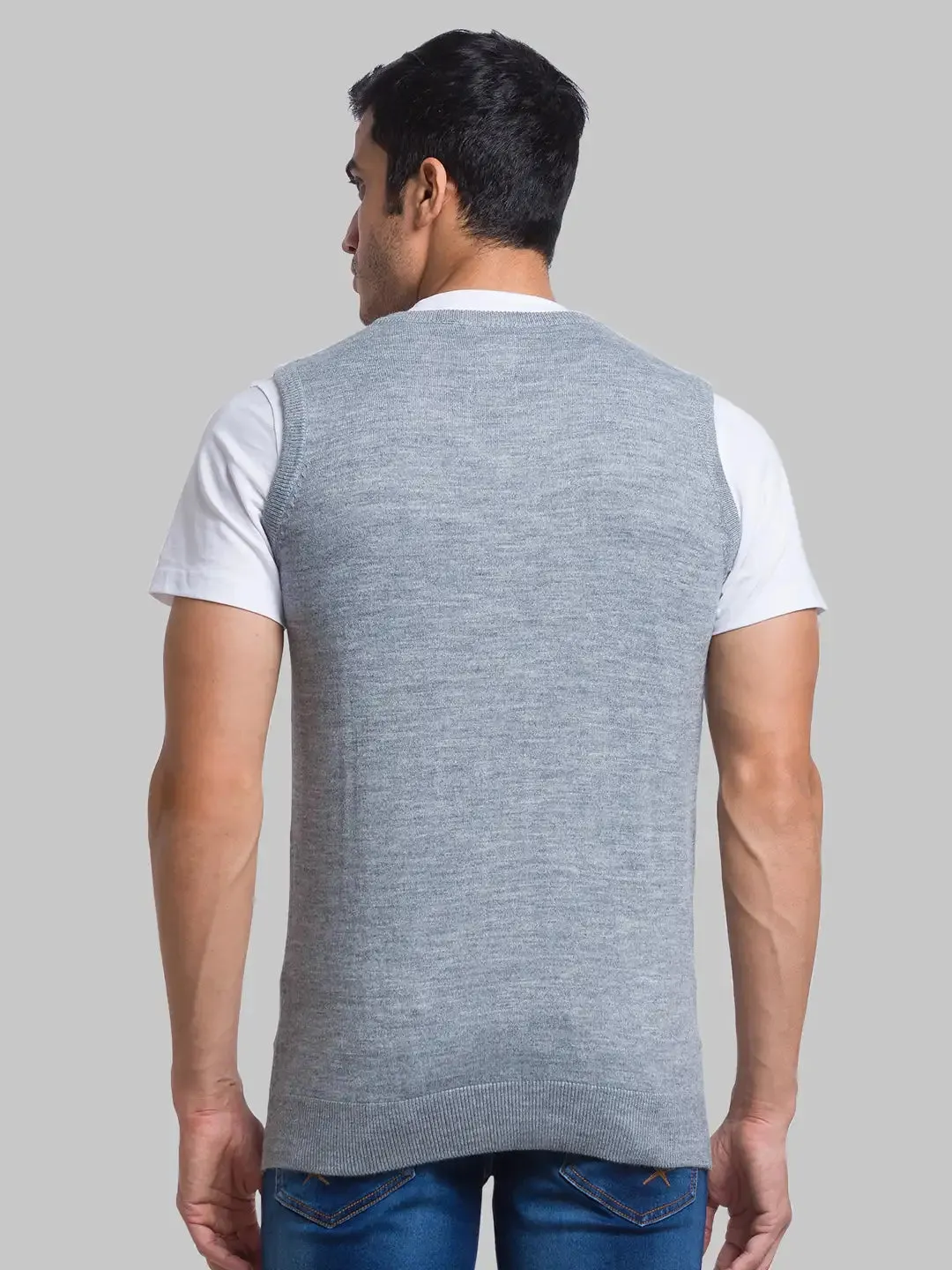 Men Grey Intarsia Acrylic Blend Sleeveless Sweaters