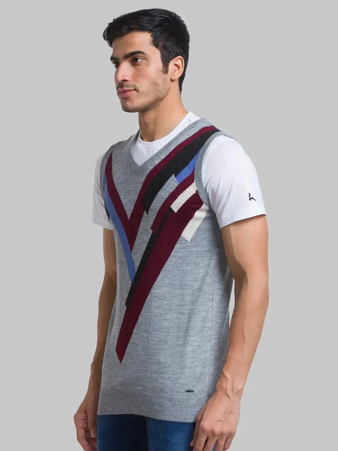 Men Grey Intarsia Acrylic Blend Sleeveless Sweaters