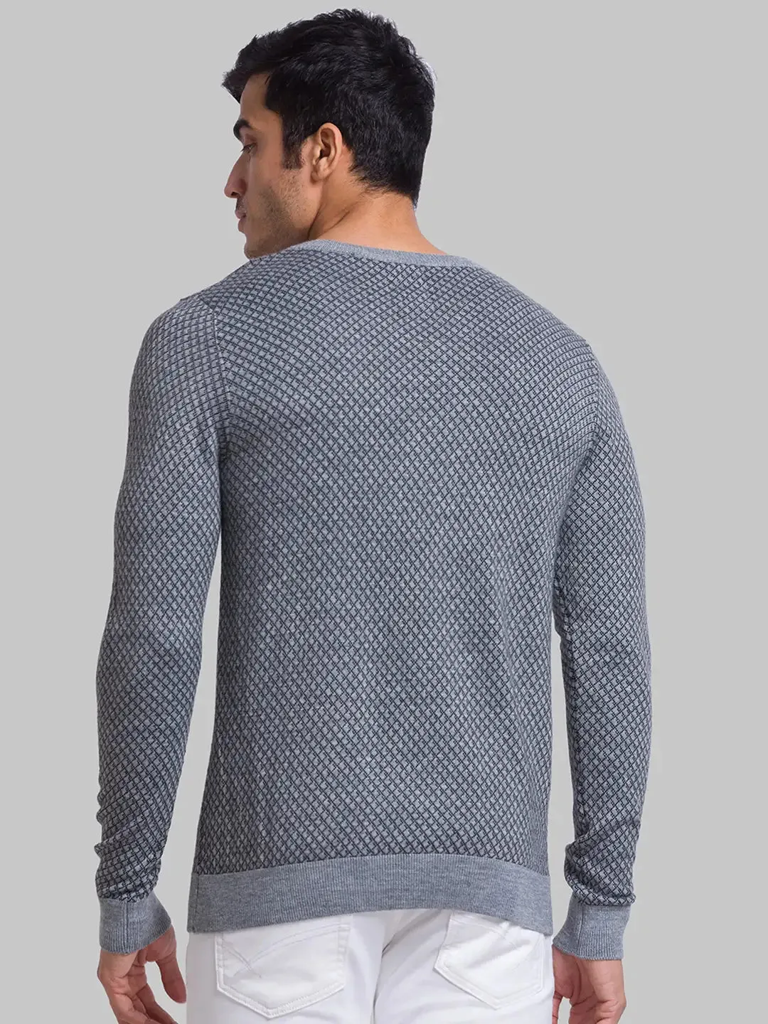 Men Grey Jacquard Acrylic Blend Full Sleeve Sweaters