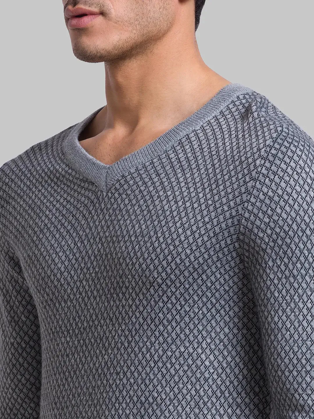 Men Grey Jacquard Acrylic Blend Full Sleeve Sweaters