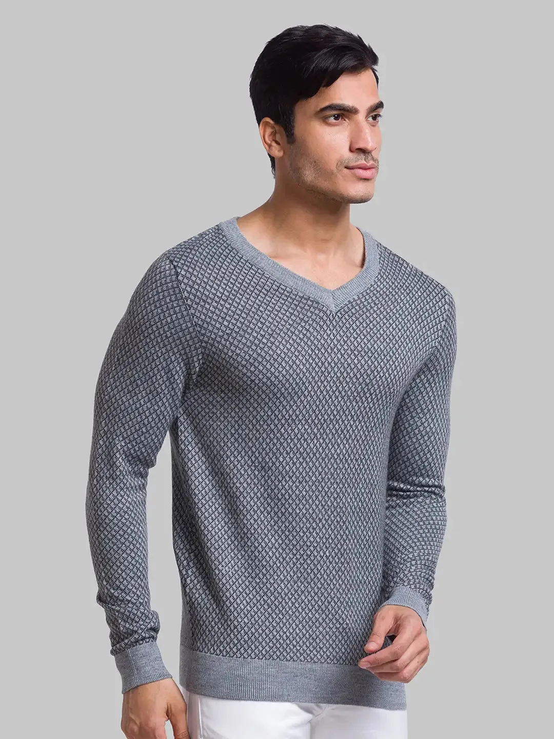 Men Grey Jacquard Acrylic Blend Full Sleeve Sweaters
