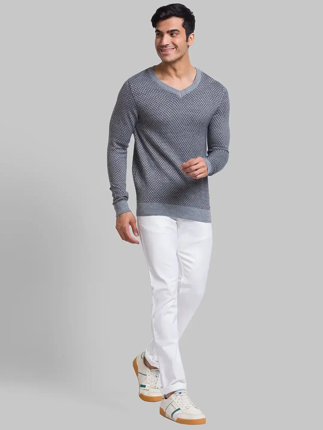 Men Grey Jacquard Acrylic Blend Full Sleeve Sweaters