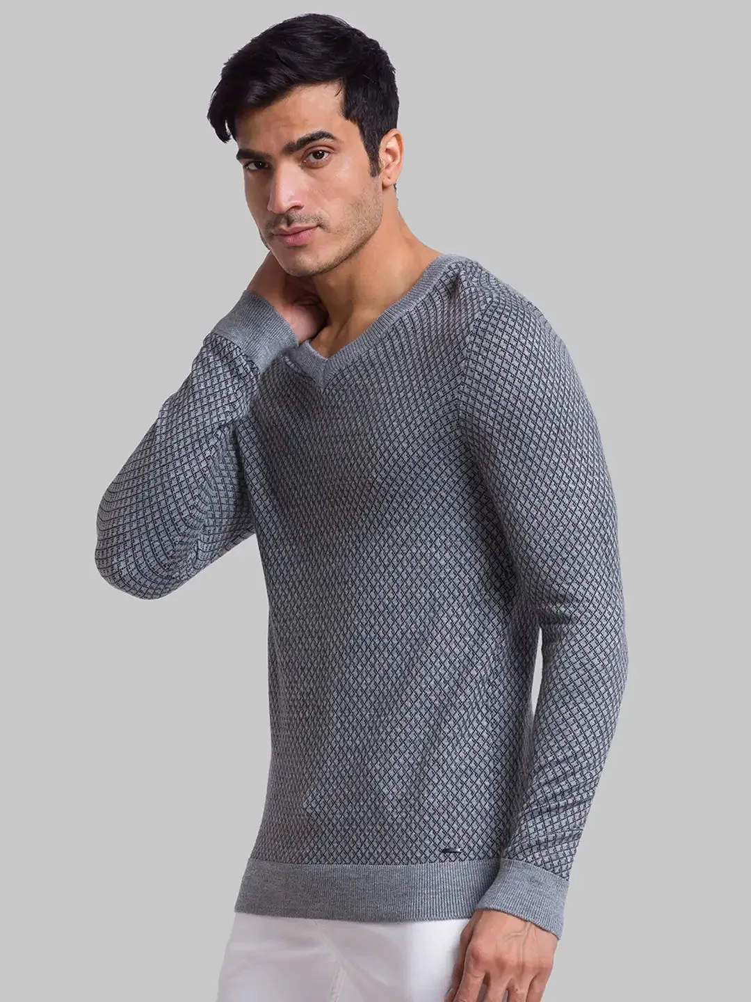 Men Grey Jacquard Acrylic Blend Full Sleeve Sweaters