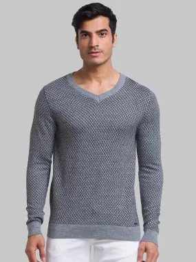 Men Grey Jacquard Acrylic Blend Full Sleeve Sweaters