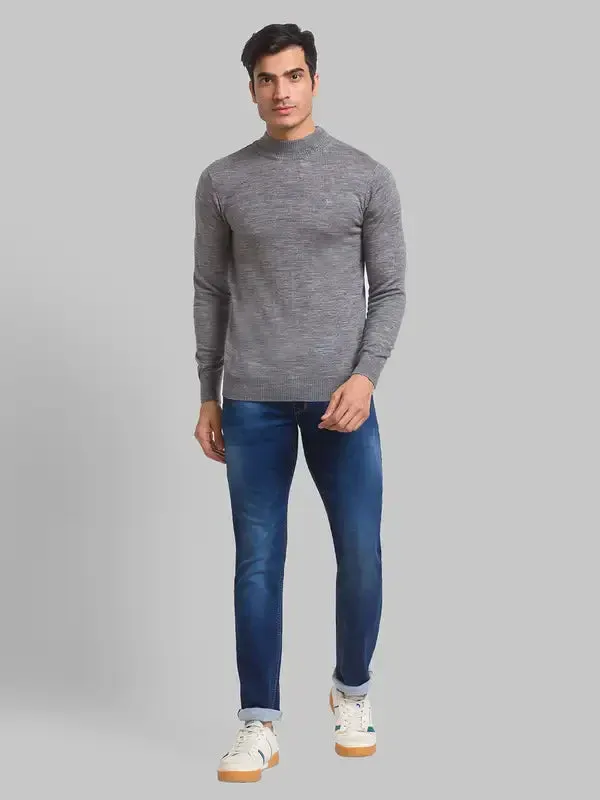 Men Grey Solid Acrylic Wool Blend Full Sleeve Sweaters