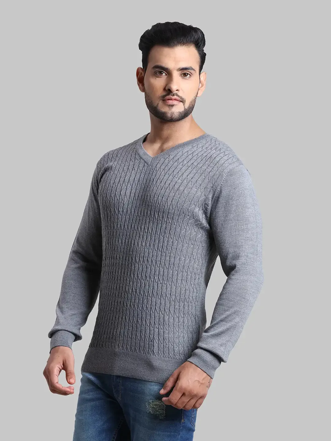 Men Grey Tailored Fit Jacquard Acrylic Wool Blend Full Sleeve V Neck Collar Sweaters
