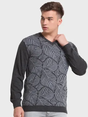 Men Grey Tailored Fit Jacquard Merino Wool Acrylic Blend Full Sleeve V Neck Collar Sweaters