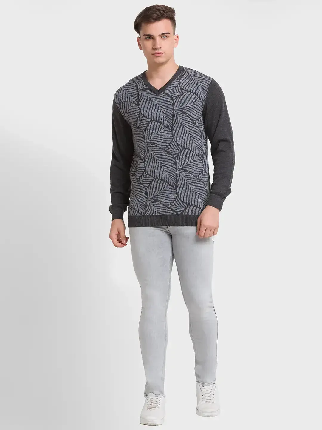 Men Grey Tailored Fit Jacquard Merino Wool Acrylic Blend Full Sleeve V Neck Collar Sweaters