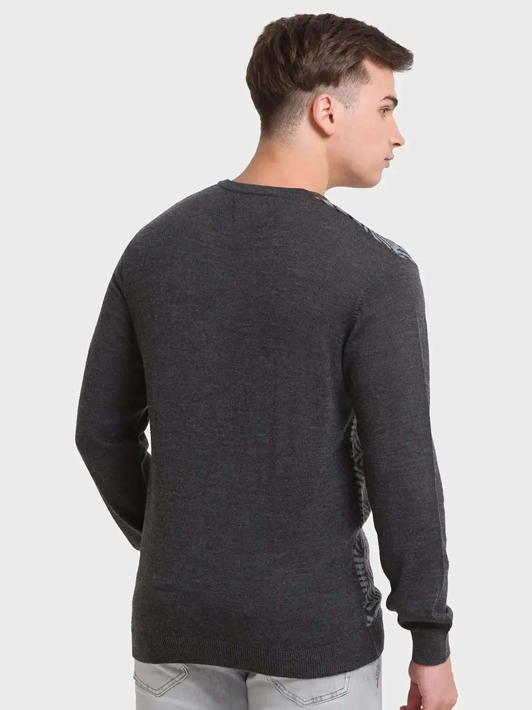 Men Grey Tailored Fit Jacquard Merino Wool Acrylic Blend Full Sleeve V Neck Collar Sweaters