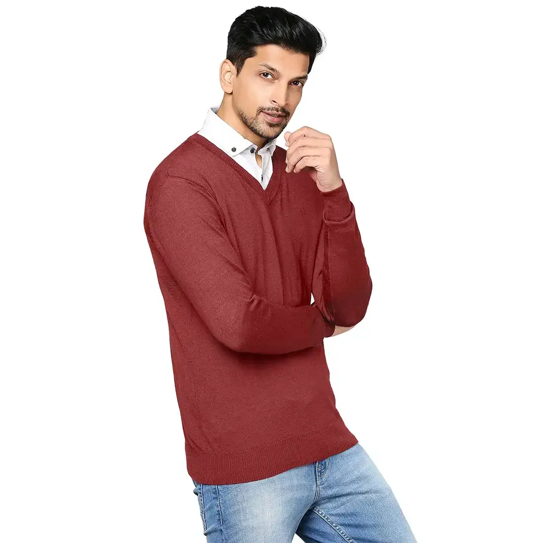 Men Maroon Solid Merino Wool Full Sleeve V Neck Collar Sweaters