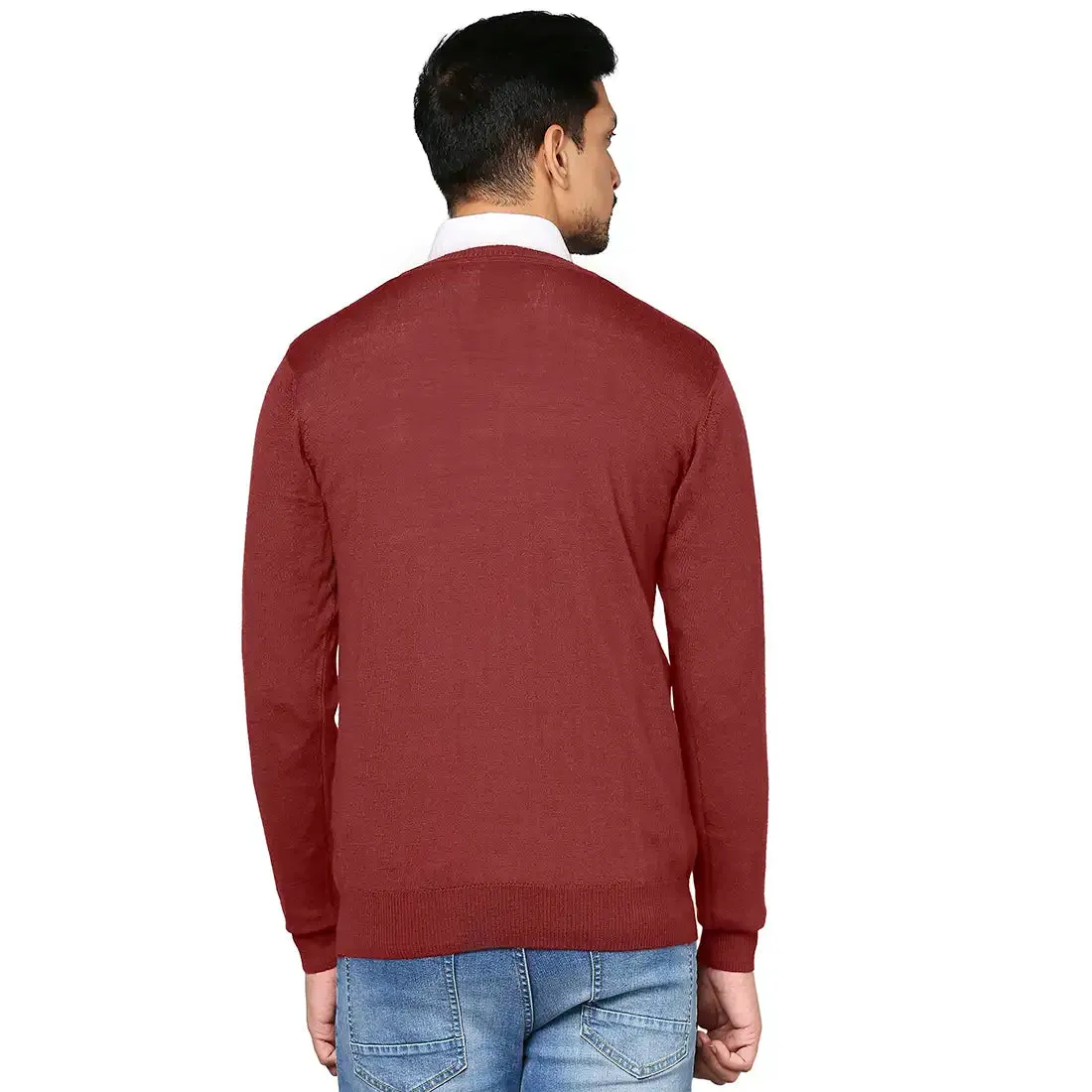 Men Maroon Solid Merino Wool Full Sleeve V Neck Collar Sweaters
