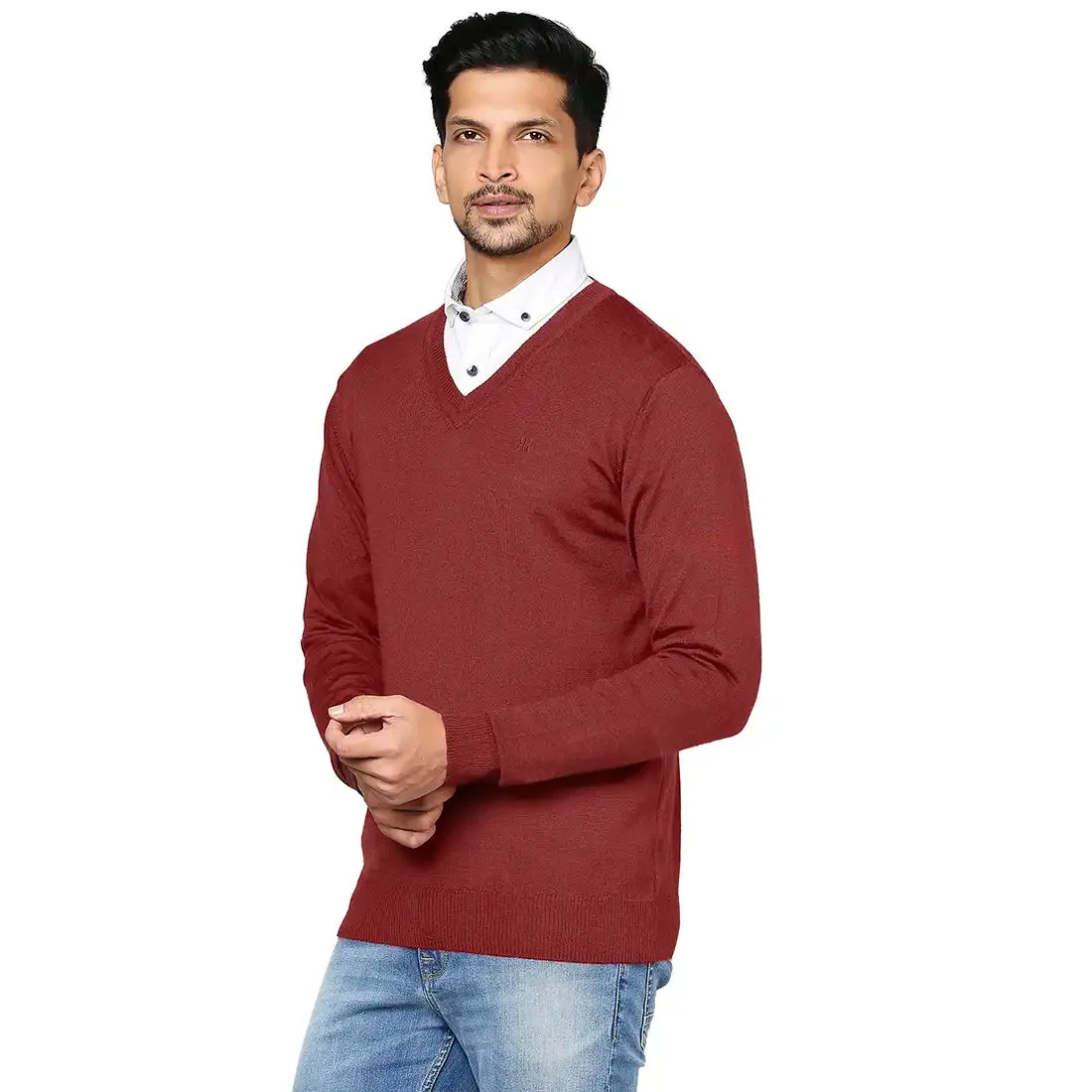 Men Maroon Solid Merino Wool Full Sleeve V Neck Collar Sweaters