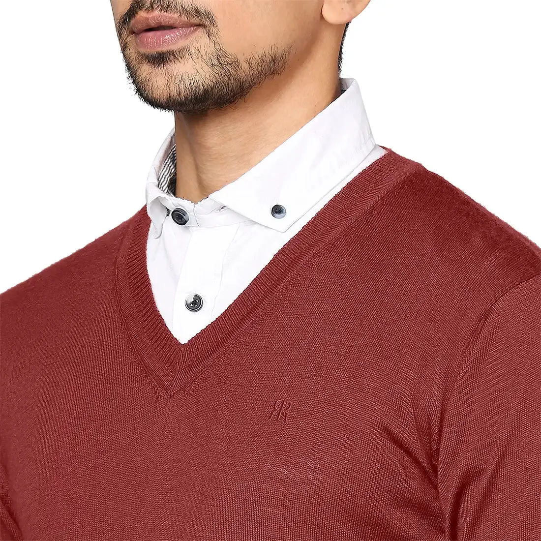 Men Maroon Solid Merino Wool Full Sleeve V Neck Collar Sweaters