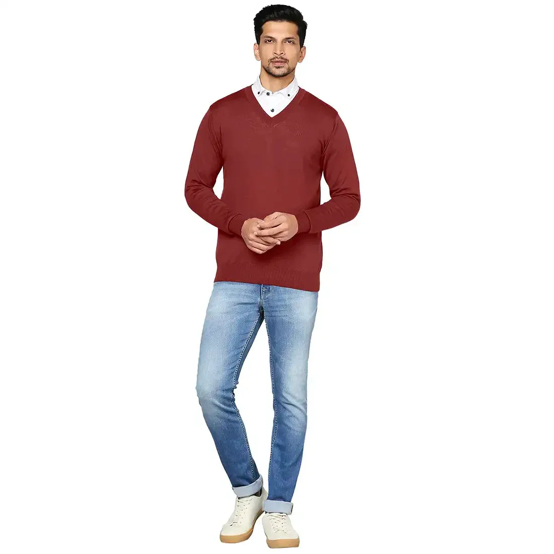 Men Maroon Solid Merino Wool Full Sleeve V Neck Collar Sweaters
