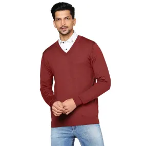 Men Maroon Solid Merino Wool Full Sleeve V Neck Collar Sweaters