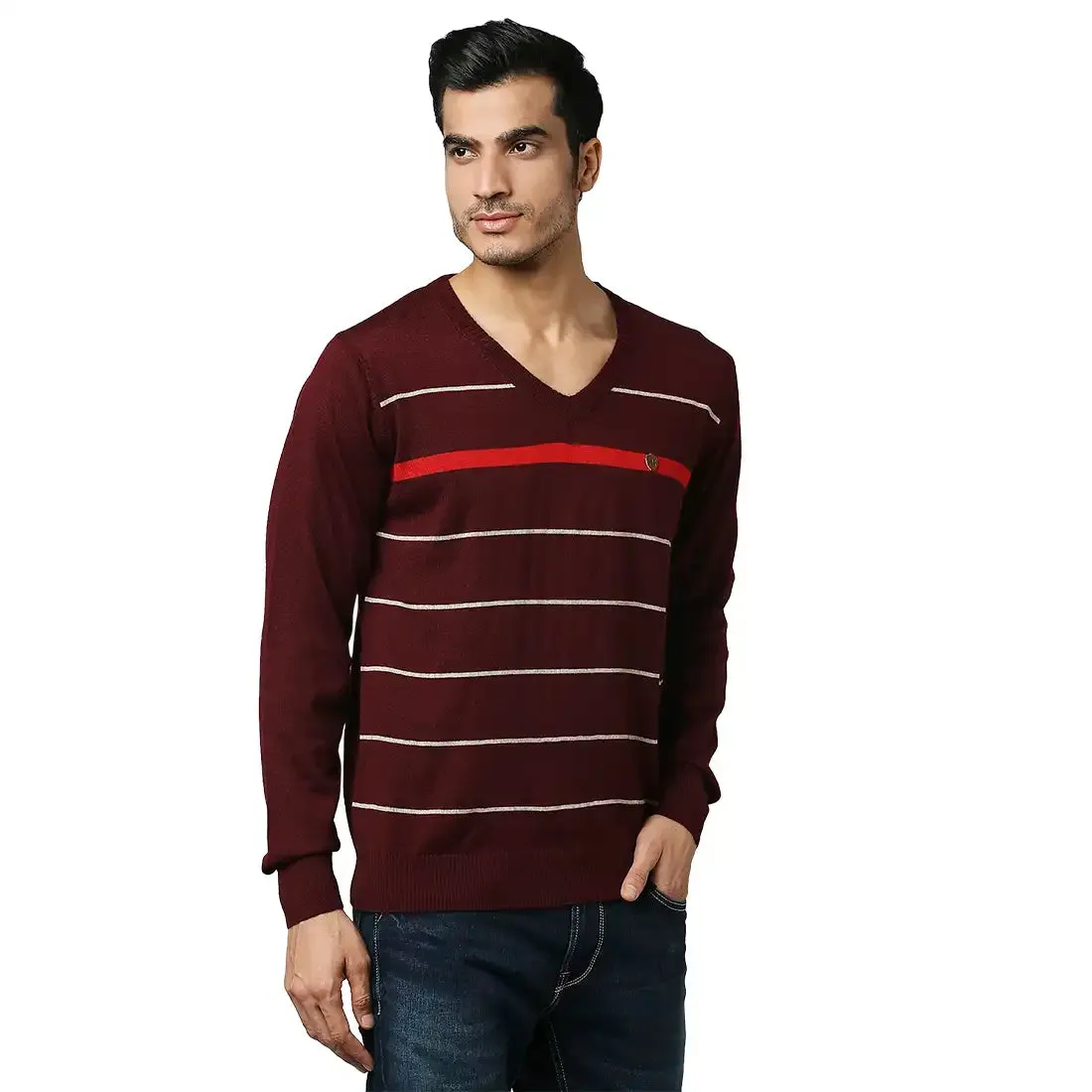 Men Maroon Stripe Acrylic Wool Blend Full Sleeve V Neck Collar Sweaters
