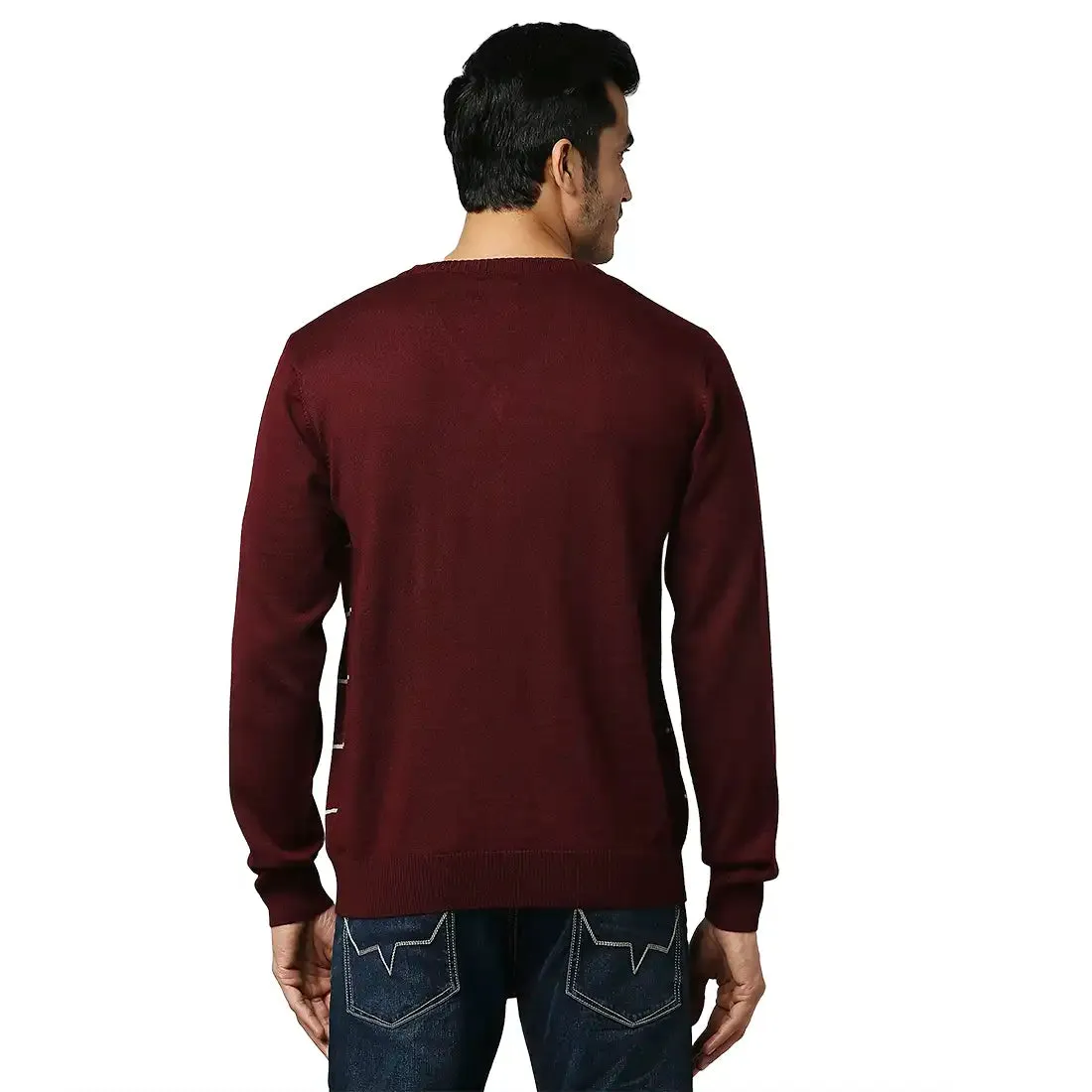 Men Maroon Stripe Acrylic Wool Blend Full Sleeve V Neck Collar Sweaters