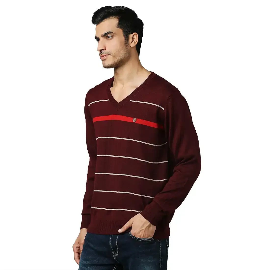 Men Maroon Stripe Acrylic Wool Blend Full Sleeve V Neck Collar Sweaters