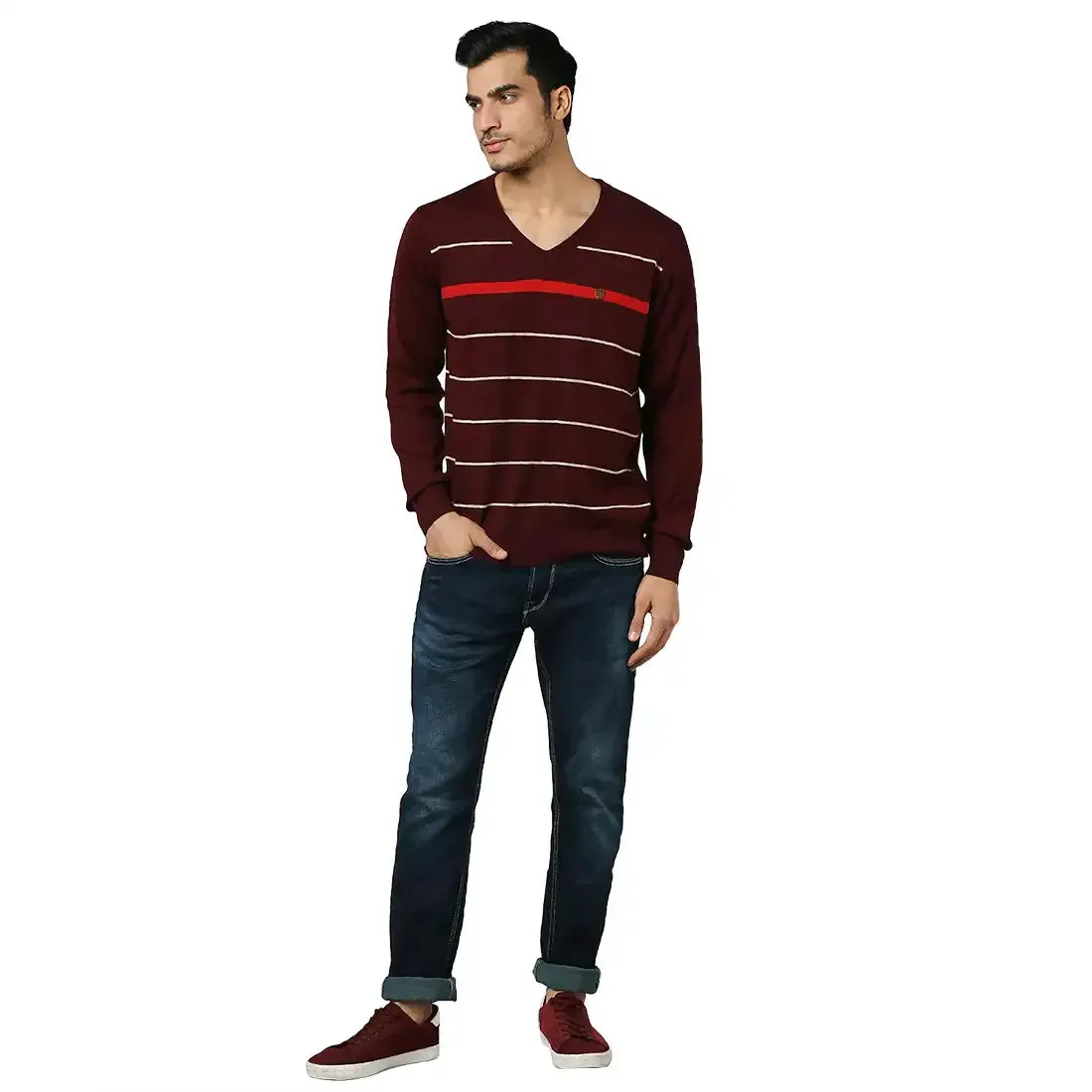 Men Maroon Stripe Acrylic Wool Blend Full Sleeve V Neck Collar Sweaters
