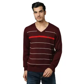 Men Maroon Stripe Acrylic Wool Blend Full Sleeve V Neck Collar Sweaters