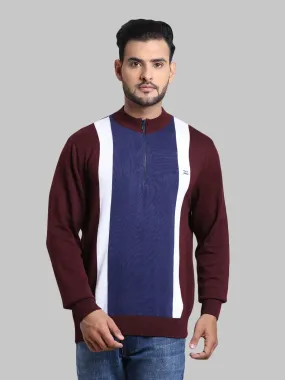 Men Maroon Tailored Fit Stripe Cotton Full Sleeve Henley Neck Collar Sweaters