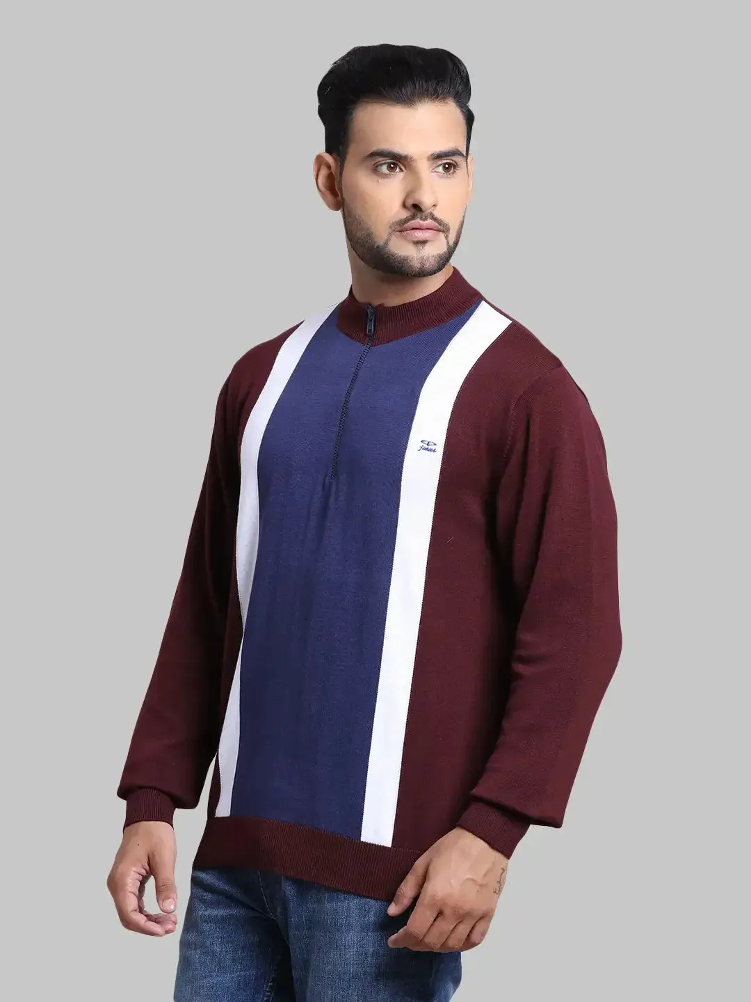 Men Maroon Tailored Fit Stripe Cotton Full Sleeve Henley Neck Collar Sweaters