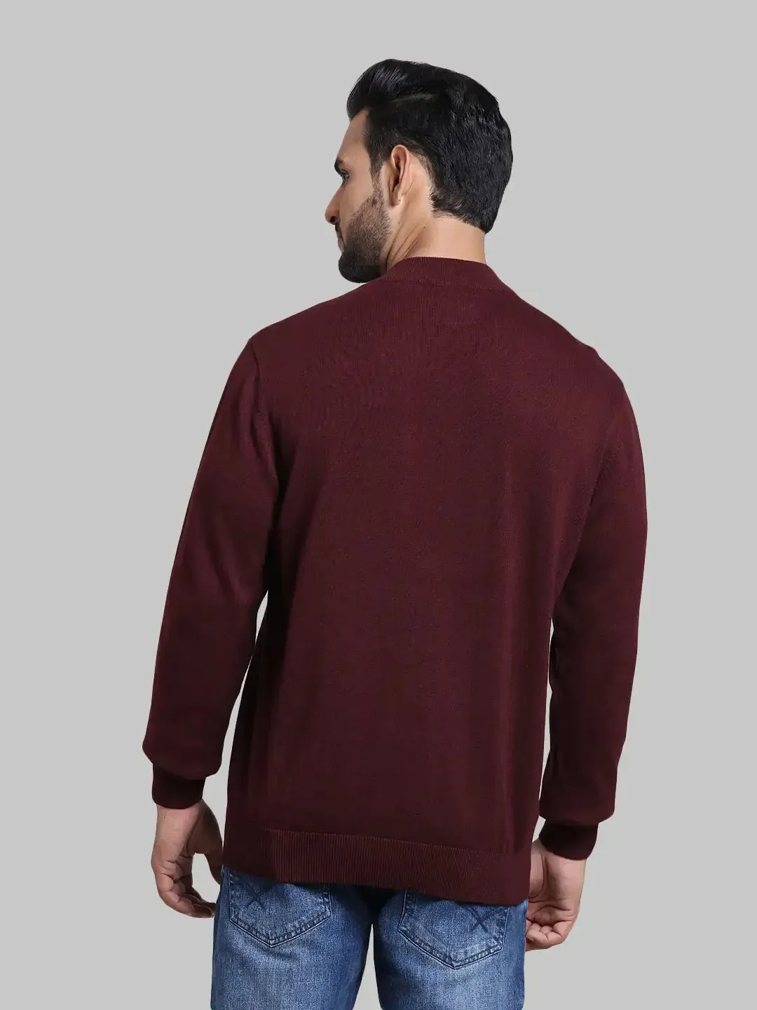 Men Maroon Tailored Fit Stripe Cotton Full Sleeve Henley Neck Collar Sweaters