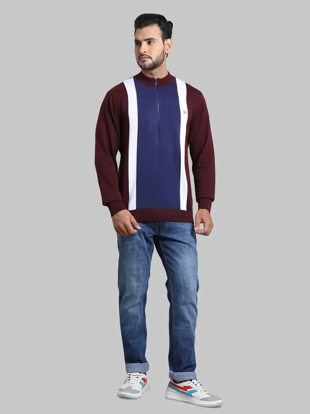 Men Maroon Tailored Fit Stripe Cotton Full Sleeve Henley Neck Collar Sweaters