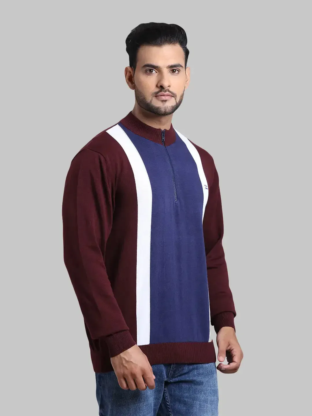 Men Maroon Tailored Fit Stripe Cotton Full Sleeve Henley Neck Collar Sweaters