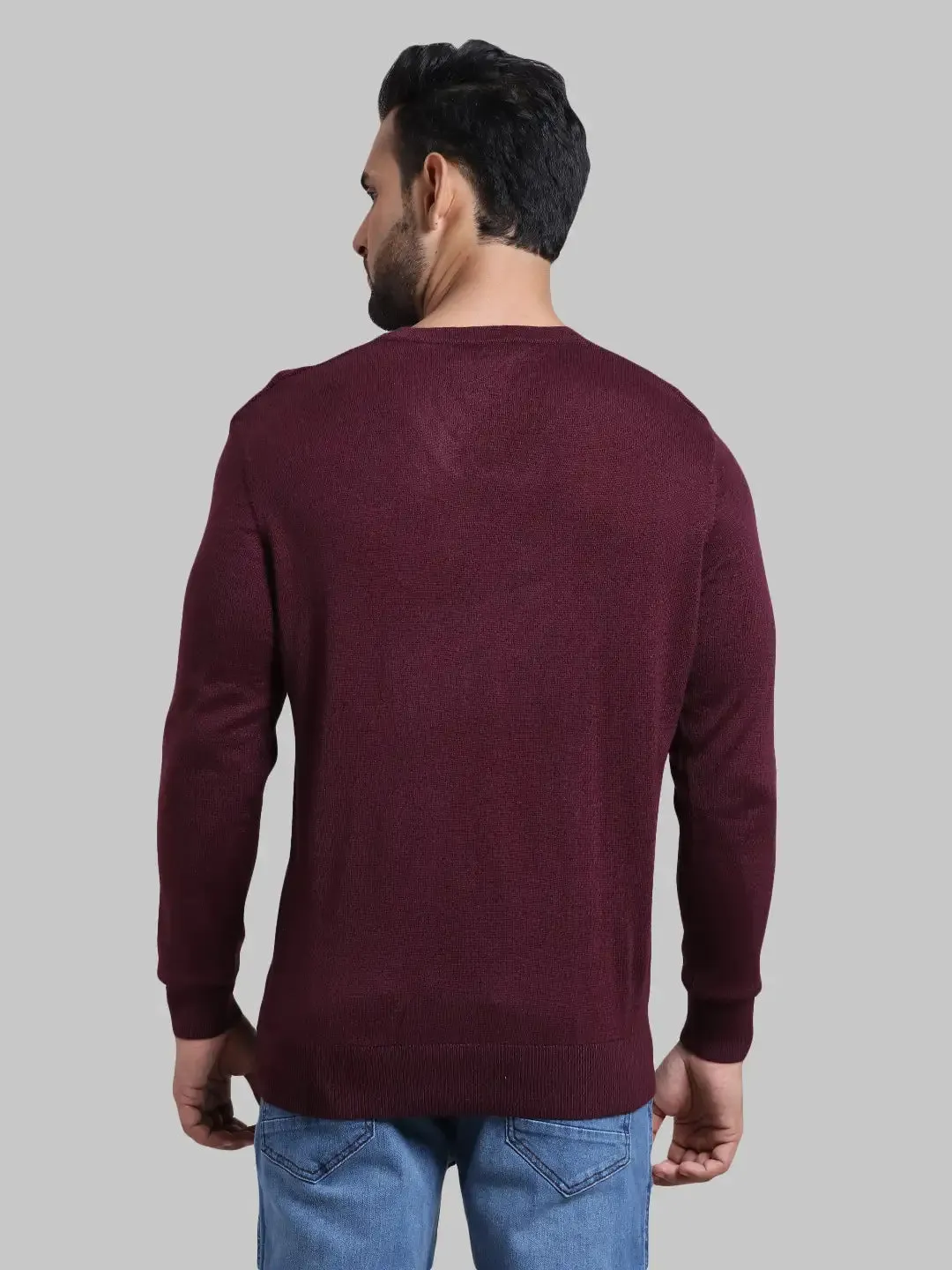 Men Maroon Tailored Fit Structure Acrylic Wool Blend Full Sleeve V Neck Collar Sweaters