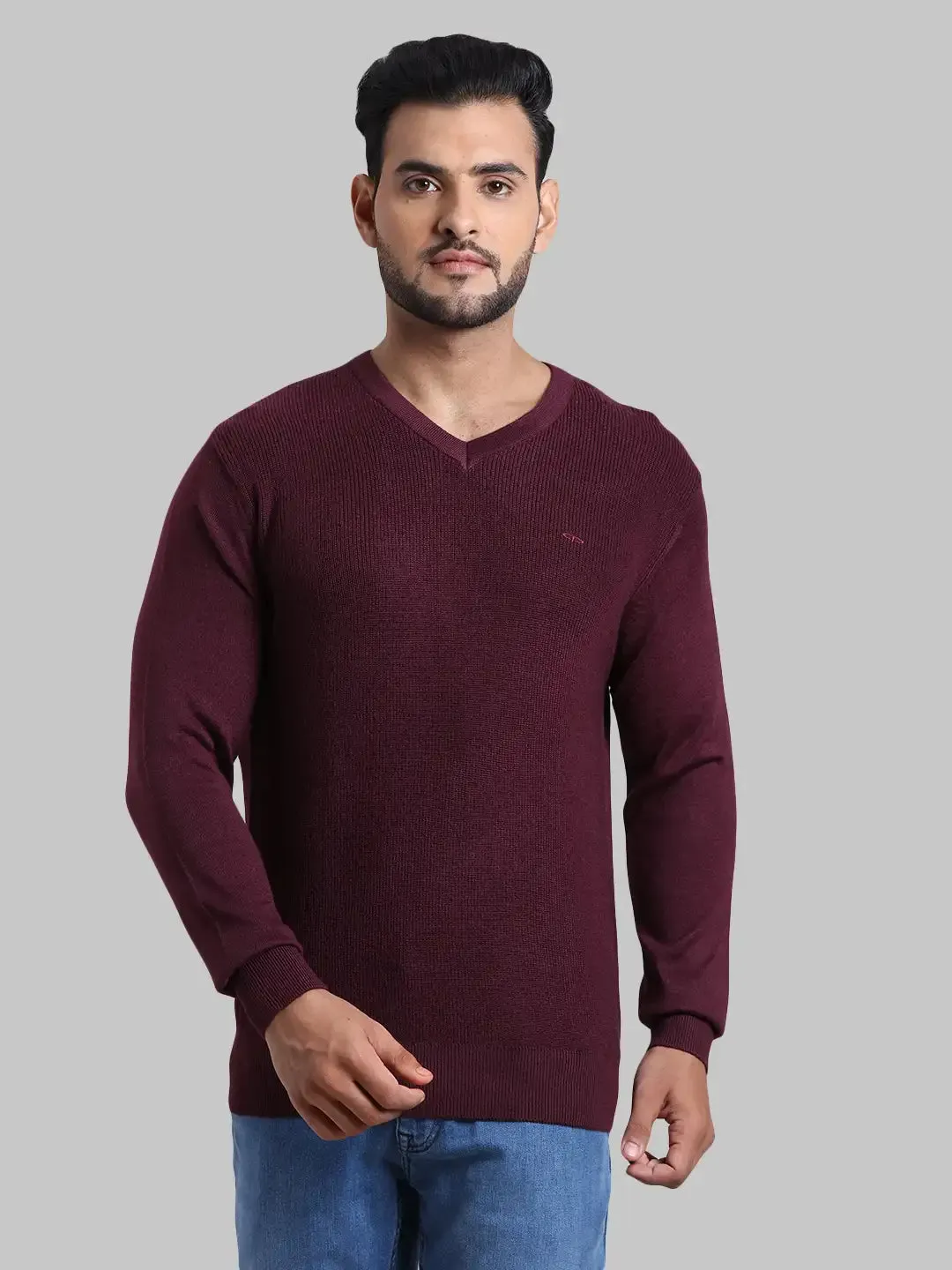 Men Maroon Tailored Fit Structure Acrylic Wool Blend Full Sleeve V Neck Collar Sweaters