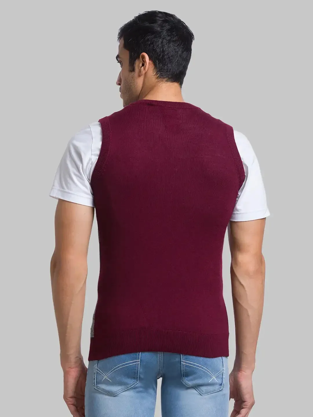 Men Maroon Yarn Dyed Acrylic Blend Sleeveless Sweaters