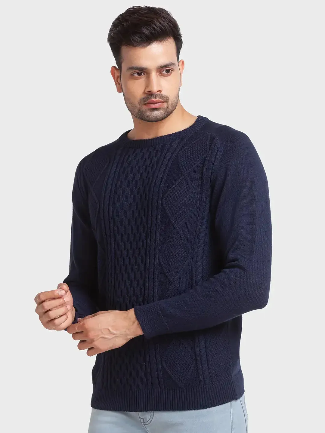 Men Navy Tailored Fit Jacquard Cotton Full Sleeve Round Collar Sweaters
