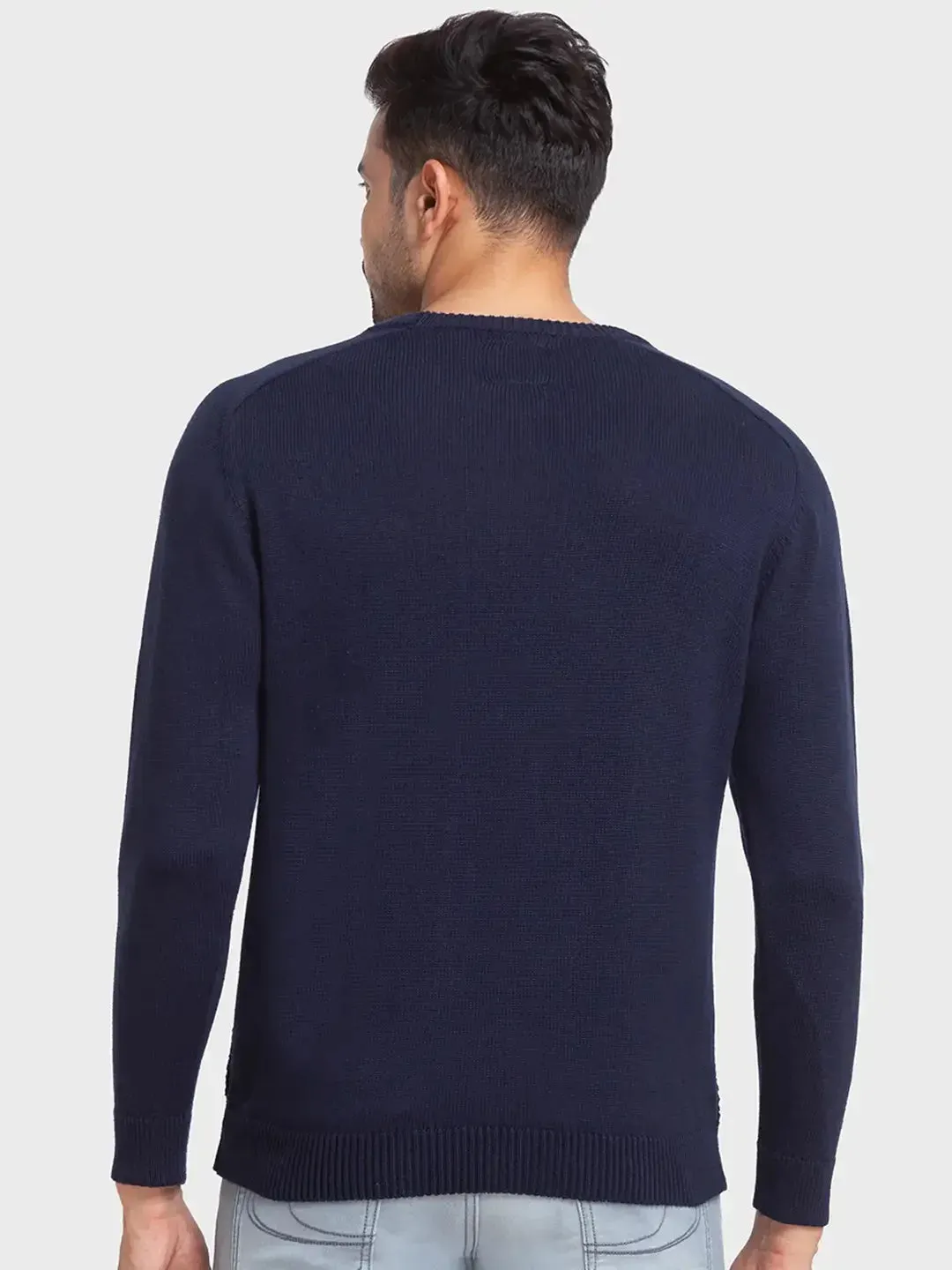 Men Navy Tailored Fit Jacquard Cotton Full Sleeve Round Collar Sweaters
