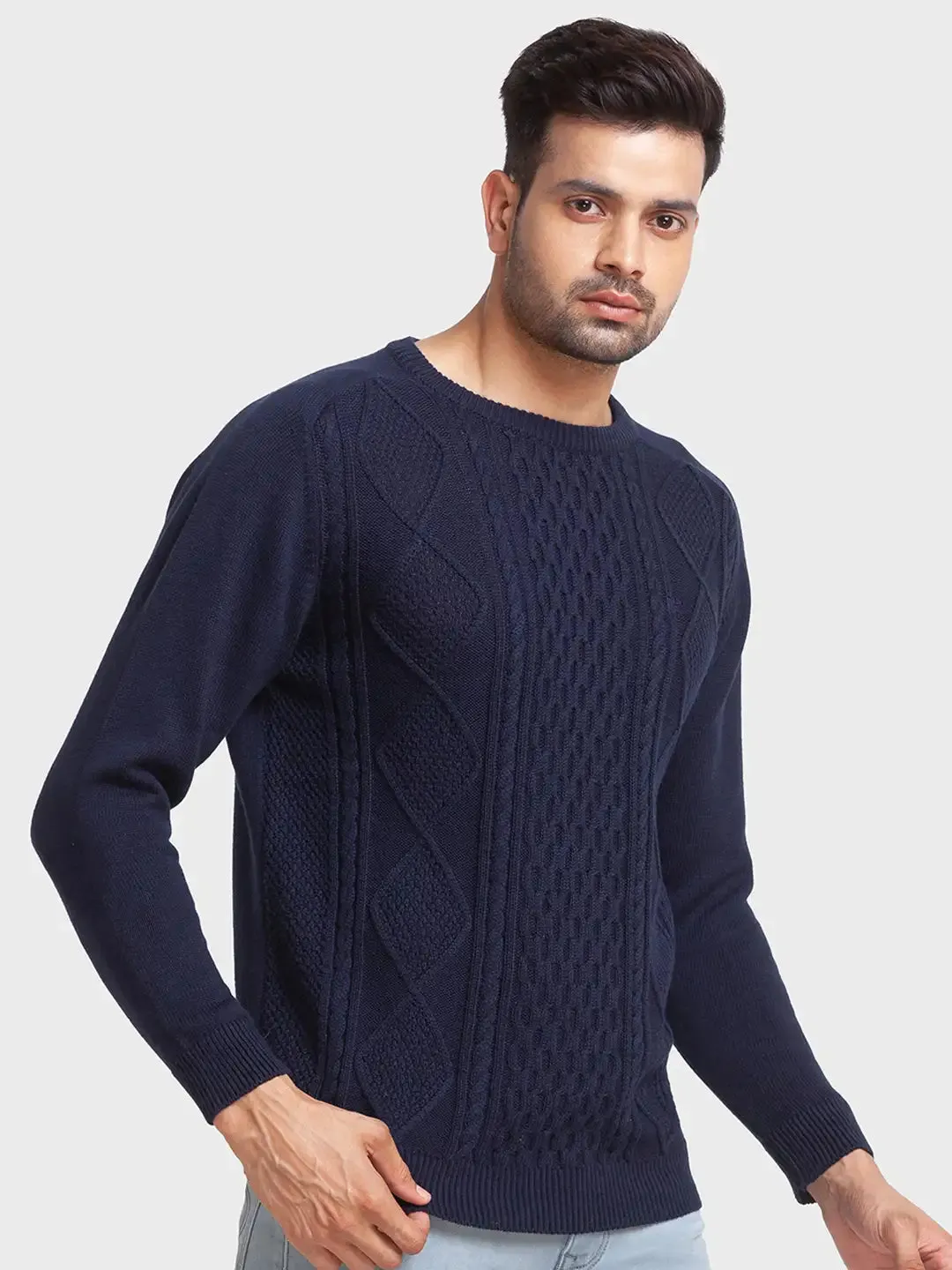 Men Navy Tailored Fit Jacquard Cotton Full Sleeve Round Collar Sweaters