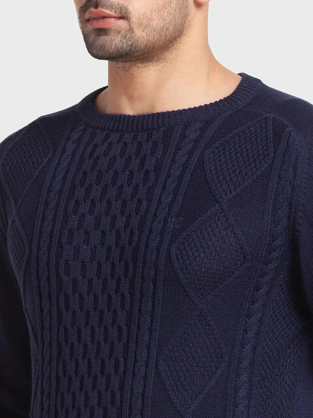 Men Navy Tailored Fit Jacquard Cotton Full Sleeve Round Collar Sweaters
