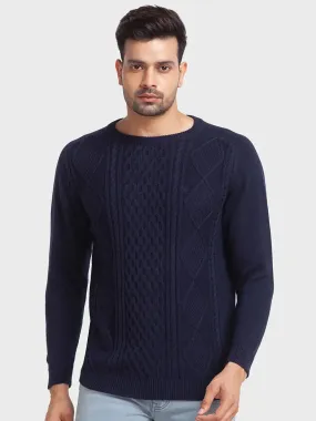 Men Navy Tailored Fit Jacquard Cotton Full Sleeve Round Collar Sweaters