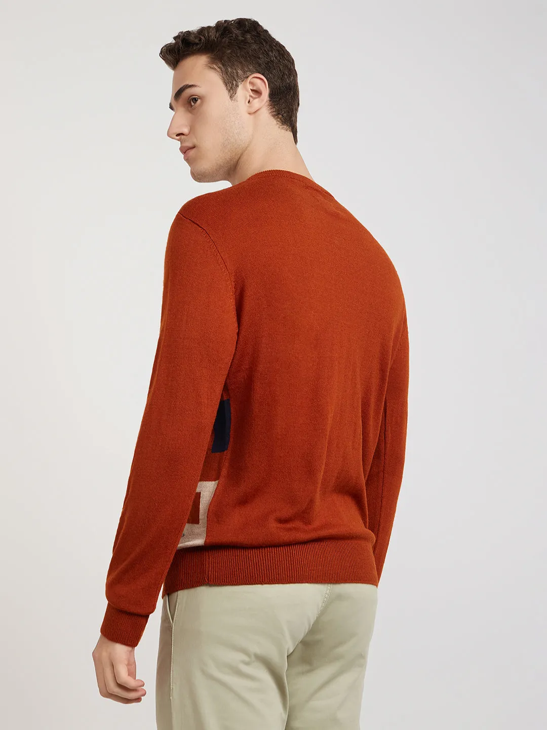 Men Orange Intarsia Acrylic Full Sleeve Sweaters