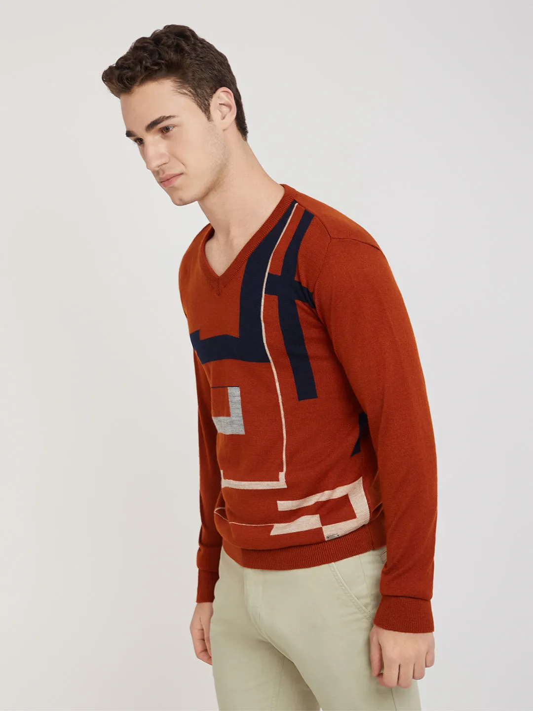 Men Orange Intarsia Acrylic Full Sleeve Sweaters