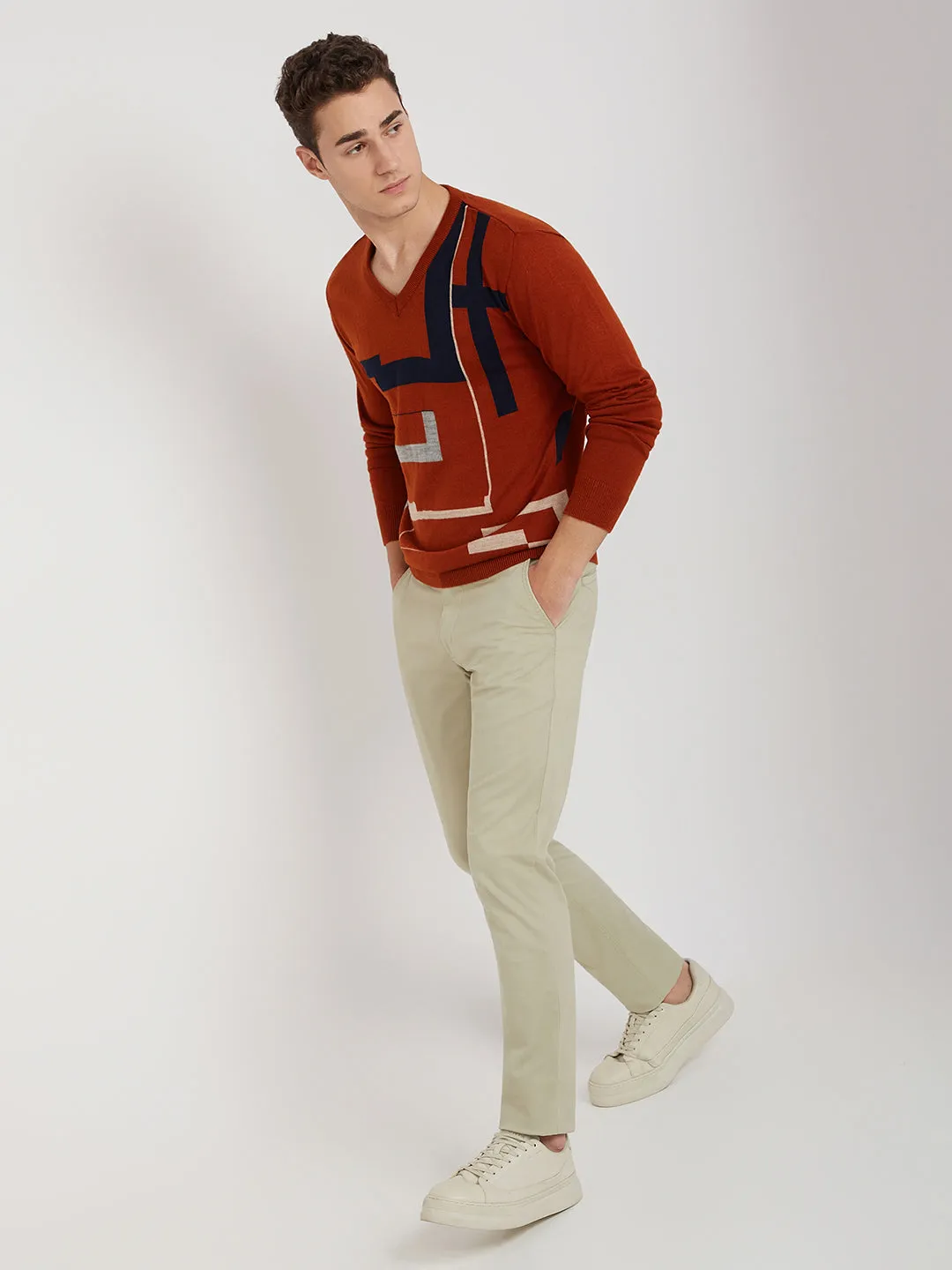 Men Orange Intarsia Acrylic Full Sleeve Sweaters