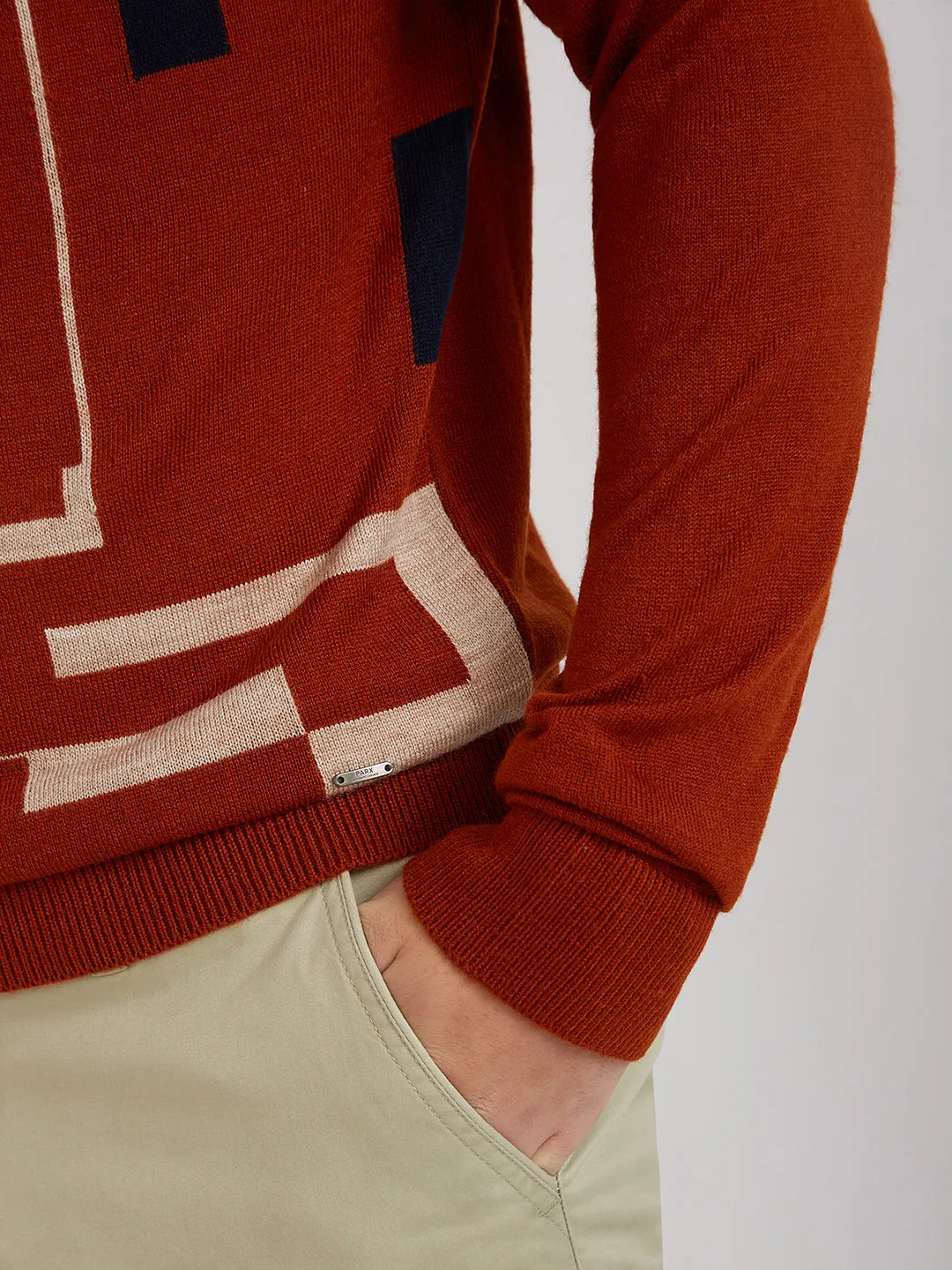 Men Orange Intarsia Acrylic Full Sleeve Sweaters