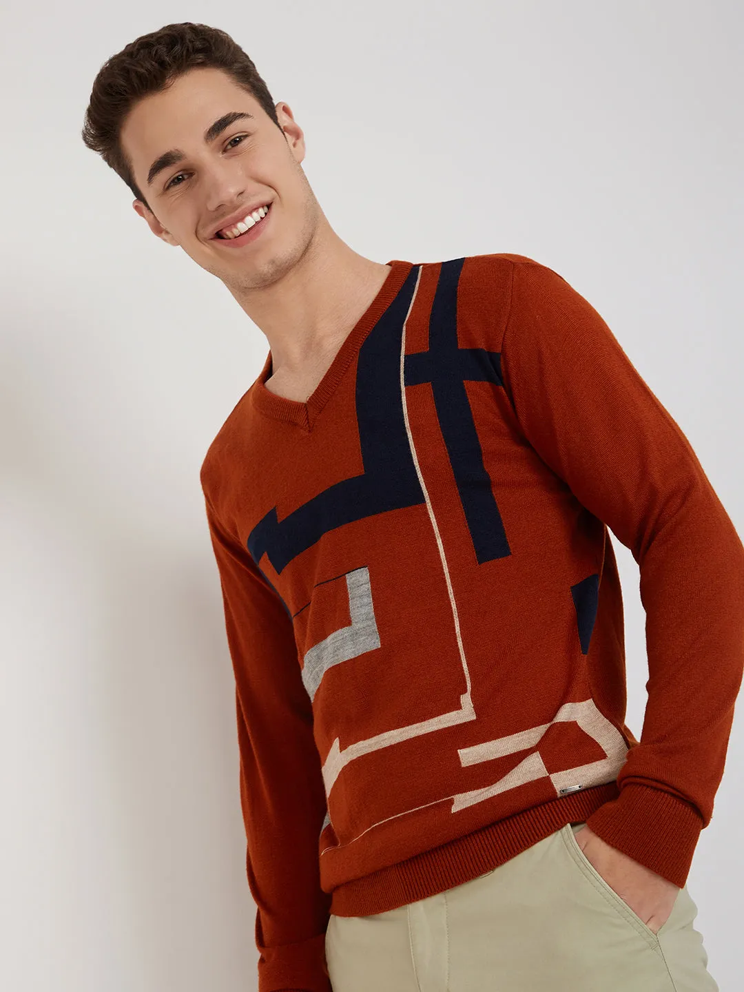 Men Orange Intarsia Acrylic Full Sleeve Sweaters