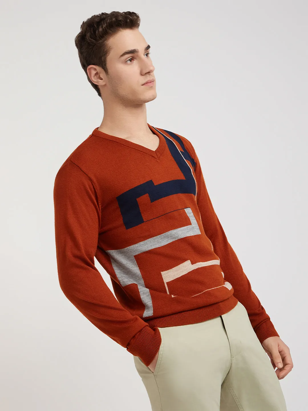 Men Orange Intarsia Acrylic Full Sleeve Sweaters