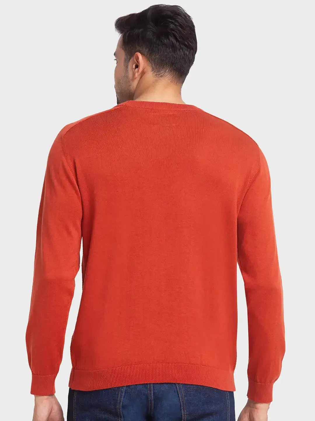 Men Orange Tailored Fit Jacquard Cotton Full Sleeve Round Collar Sweaters