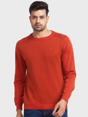 Men Orange Tailored Fit Jacquard Cotton Full Sleeve Round Collar Sweaters