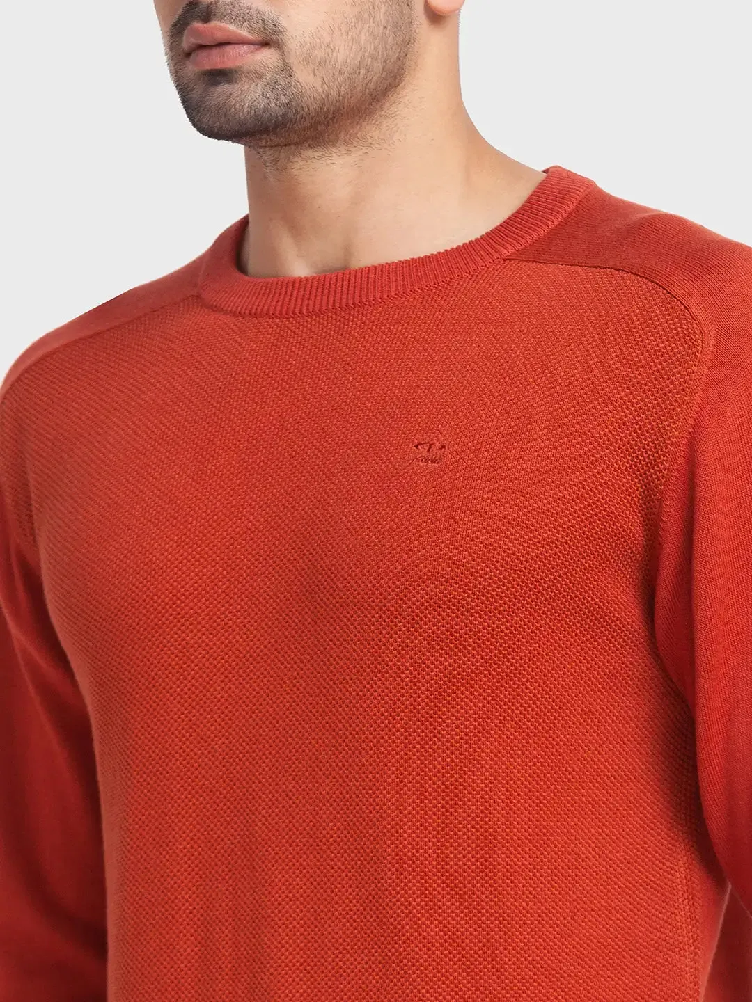 Men Orange Tailored Fit Jacquard Cotton Full Sleeve Round Collar Sweaters