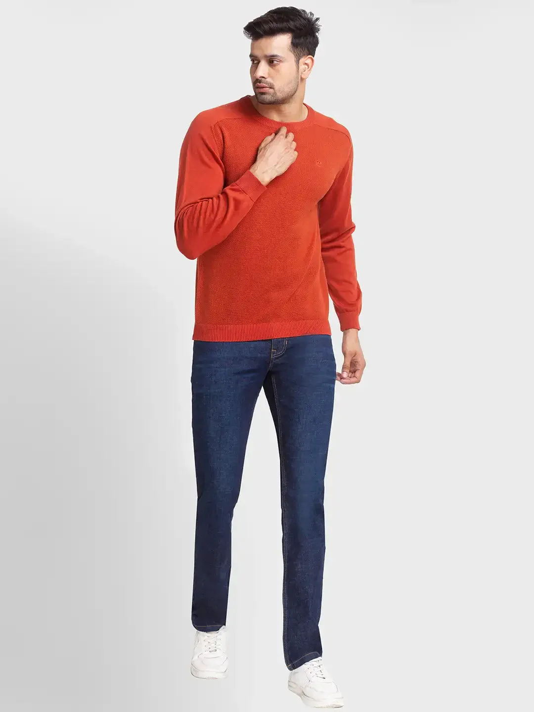 Men Orange Tailored Fit Jacquard Cotton Full Sleeve Round Collar Sweaters