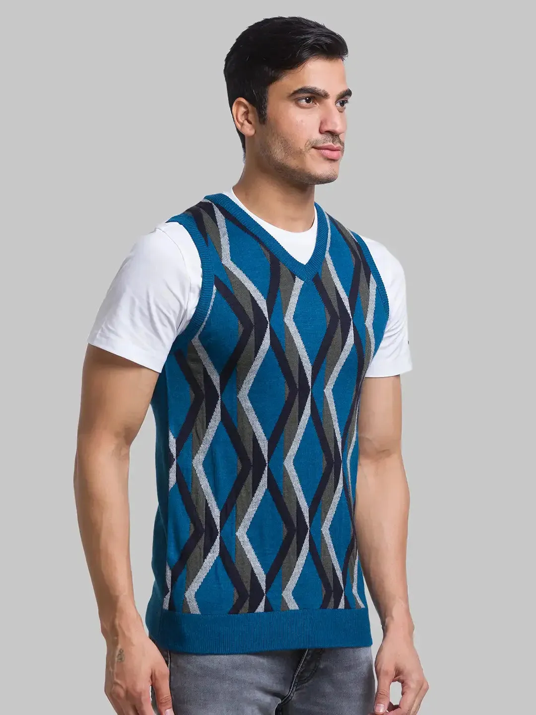 Men Petrol Intarsia Acrylic Blend Sleeveless Sweaters