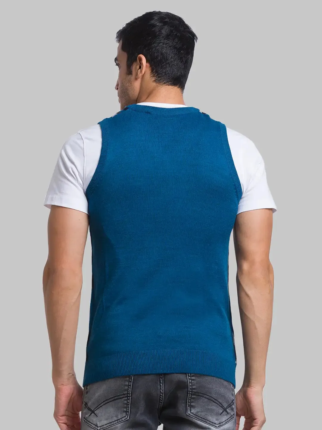 Men Petrol Intarsia Acrylic Blend Sleeveless Sweaters